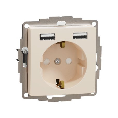 ÚJ SEDNA SDD112052 2P+F csatlakozóaljzat, BZS, kettős USB töltővel, rugós, 16A/2.4A, bézs