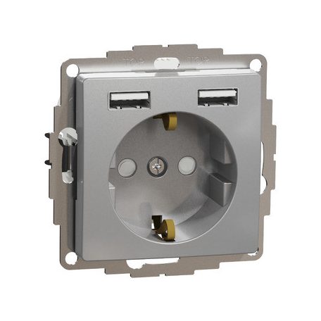 ÚJ SEDNA SDD113052 2P+F csatlakozóaljzat, BZS, kettős USB töltővel, rugós, 16A/2.4A, alumínium