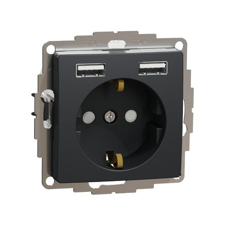 ÚJ SEDNA SDD114052 2P+F csatlakozóaljzat, BZS, kettős USB töltővel, rugós, 16A/2.4A, antracit