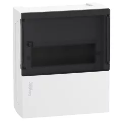   RESI9 MP MIP12108S Mini Pragma Kiselosztó, füstszínű átlátszó ajtó, falon kívüli, 1x8 modul, PEN sín, komplett, fehér