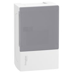   RESI9 MP MIP12104T Mini Pragma Kiselosztó, tejüveg hatású átlátszó ajtó, falon kívüli, 1x4 modul, PEN sín, fehér
