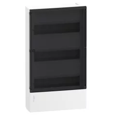   RESI9 MP MIP12312S Mini Pragma Kiselosztó, füstszínű átlátszó ajtó, falon kívüli, 3x12 modul, PEN sín, fehér