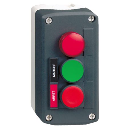 Harmony XALD tokozott nyomógomb, 1 zöld - 1 piros nyomógomb - 1 piros 230VAC LED lámpa, 1NO+1NC, "Marche" "Arrét" fel. XALD361M