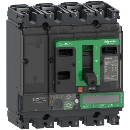 Megszakító ComPacT NSX250N, 50 kA 415 VAC, MicroLogic 7.2 E Vigi kioldóegység 160 A, 4P4d C25N47E160