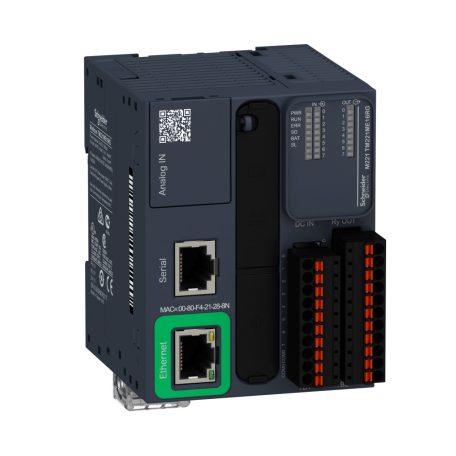 Modicon M221épvezérlő PLC, 16 I/O, relé kimenet, RS232/RS485, Ethernet Modbus TCP/IP, 24 VDC, könyv formátum, rugós TM221ME16RG