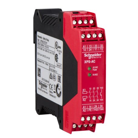 Preventa biztonsági relé, vészkapcsoló-vészleállító, 3NO, +1 szilárdtest kimenet, 230 VAC, rugós XPSAC3721P