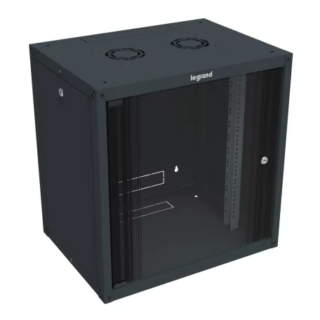 LEGRAND fali rack szekrény 19'' 9U MAG: 494 SZÉL: 600 MÉLY: 450 antracit egyrészes üvegajtós lapraszerelt levehető oldallapos MAX: 27 kg Linkeo