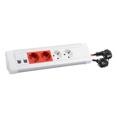   Asztali elosztósor 2x2P+F, 2x2 P+F piros, reteszelt csatlakozóaljzat, 2x RJ 45 Cat.6 UTP 1 modulos aljzat, előszerelt