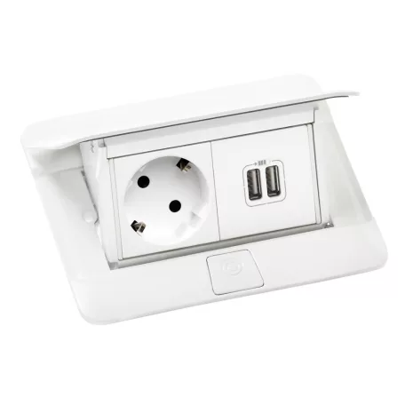 Pop-up felszerelt felnyíló süllyesztett doboz 4 modul, 1x2P+F, 2xUSB (2,4A), 2 m vezeték 2P+F dugóval, fehér