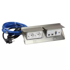   Pop-up felszerelt felnyíló süllyesztett doboz 8 modul, 1x2P+F, 2xRJ45 Cat.6 UTP, 1xHD15, 2 m vezeték 2P+F dugóval, 3 m RJ 45 vezeték, 0,1 m VGA kábel, 0,1 m jack 3,5 mm, rozsdamentes acél