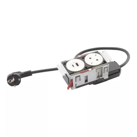 Incara Disq In 2 - bútorba süllyeszthető 1x2P+F + 1xUSB A+C aljzat, 2m kábellel, fehér