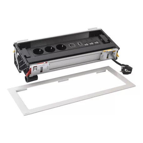 Incara Flip up - bútorba süllyeszthető, 12 modul, 3x2P+F + USB A+C + 3xRJ45 Cat.6 UTP 1 modul + HDMI 1 modul aljzat, 2m kábellel, alumínium