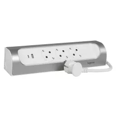   Sarokba illeszkedő elosztósor, 3x2P+F, USB-A + USB-C, 1 m vezetékkel, fehér-alumínium