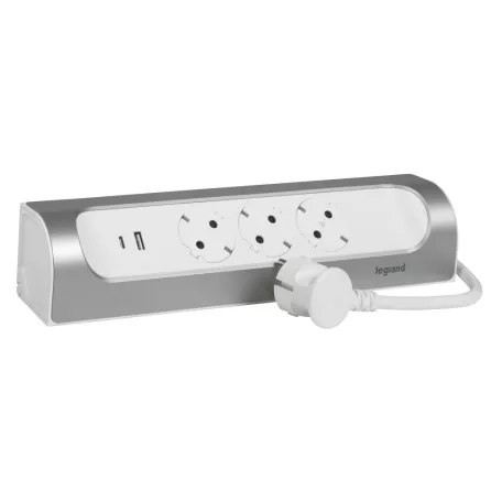 Sarokba illeszkedő elosztósor, 3x2P+F, USB-A + USB-C, 1 m vezetékkel, fehér-alumínium