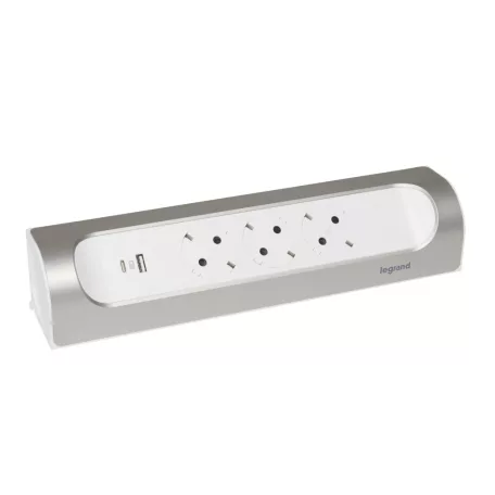 Sarokba illeszkedő elosztósor, 3x2P+F, USB-A + USB-C, vezeték nélkül, fehér-alumínium