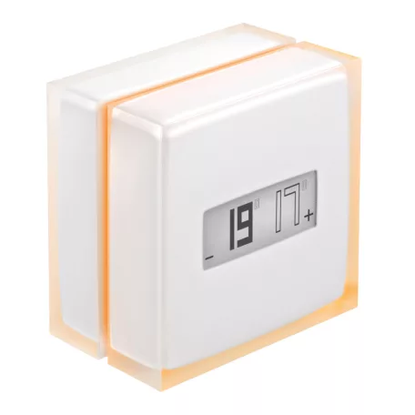 Netatmo okos termosztát; falon kívüli / hordozható; tartalmaz: termosztát + elemek + gateway modul; fehér/sárga színű; megtáplálás: relé egység (230V~ L+N), termosztát (2x AA elem); közvetlen Wi-fi csatlakozás Legrand