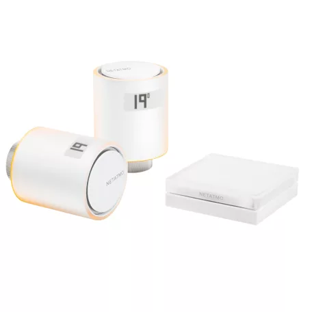 Netatmo okos radiátor szelep csomag; tüskés szelepre szerelhető; tartalmaz: 1 db gateway + 2 db rádiós szelep + elemek; fehér színű; megtáplálás:  relé egység  (230V~ L+N), szelepvezérlő  (2x AA elem); közvetlen Wi-fi csatlakozás Legrand