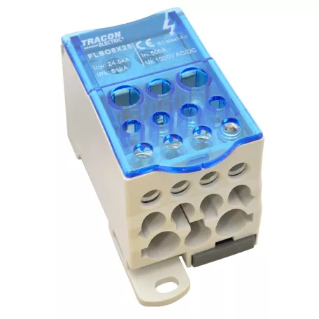 Tracon 8×25mm2 / 5×25(16), 4×16(10), 2×35(25)mm2, 1000VAC/DC, 500A FLSO8X25 Fővezetéki leágazó sorkapocs nyitható fedéllel (betápsín) 5997374192545