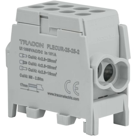 Tracon 2.5-25mm2, max. 1000VAC/DC, max.101A FLECUR-25-25-2 Főáramköri leágazó kapocs,sínre,szürke,engedélyes 5997374192439