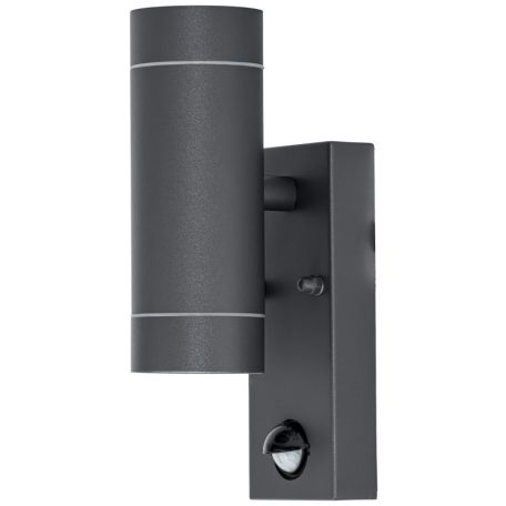 Tracon 100-240VAC,50Hz,2xGU10,max35W,10s-4min,max 8m,3-2000lx,IP44 SPGU10IPFS2A Oldalfali spot lámpatest mozgásérzékelővel, kültéri,antracit 5997374127264