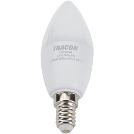 Tracon 230V,50Hz,8W,4000K,E14,720lm,180°,C37,SAMSUNG chip, EEI=F LGYS8NW Gyertya búrájú LED fényforrásSAMSUNG chippel 5997374219242