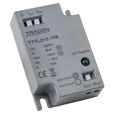 Tracon Un=230-275VAC, 5/10kA, Up=1,5kV, IP20 TTVL2+3-10B Túlfeszültség levezető LED lámpához 5997374186254