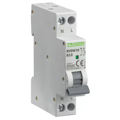 Tracon 10A, B, 1P+N, 10kA EVON10B10 Kismegszakító, 1+N pólus, B karakterisztika 5997374235471