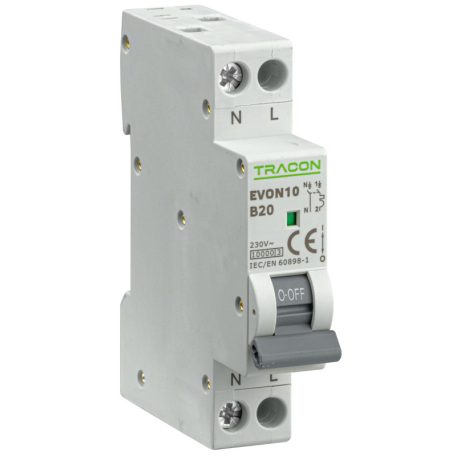 Tracon 20A, B, 1P+N, 10kA EVON10B20 Kismegszakító, 1+N pólus, B karakterisztika 5997374235518