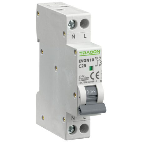 Tracon 25A, B, 1P+N, 10kA EVON10B25 Kismegszakító, 1+N pólus, B karakterisztika 5997374235525