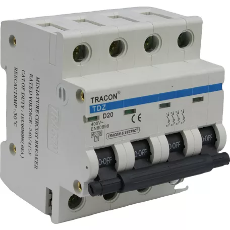 Tracon 16A, 6kA TDZ-4D-16 Kismegszakító, 4 pólus, D karakterisztika 5997374138062
