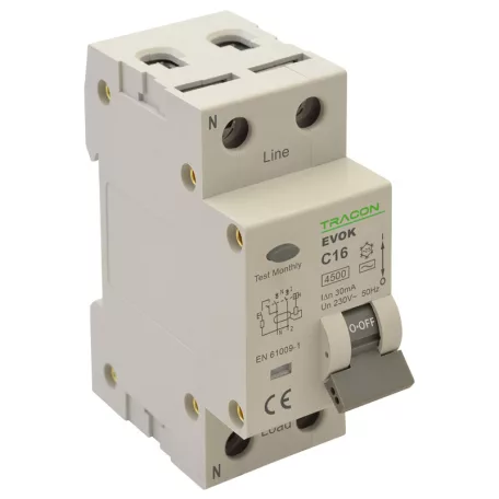 Tracon 6A, 30 mA, 4,5kA, AC EVOK2B603 Kombinált védőkapcsoló, 2P, 2modul, B karakterisztika 5997374210287
