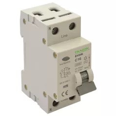   Tracon 6A, 30 mA, 4,5kA, AC EVOK2C603 Kombinált védőkapcsoló, 2P, 2modul, C karakterisztika 5997374210355
