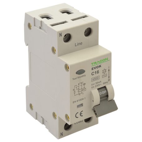 Tracon 6A, 30 mA, 4,5kA, AC EVOK2C603 Kombinált védőkapcsoló, 2P, 2modul, C karakterisztika 5997374210355