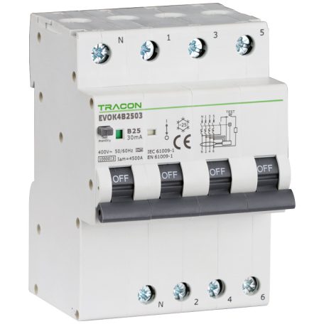 Tracon B32A, 30 mA, 10kA, A EVOK4B3203 Kombinált védőkapcsoló, 4P, 4modul, B karakterisztika 5997374230643