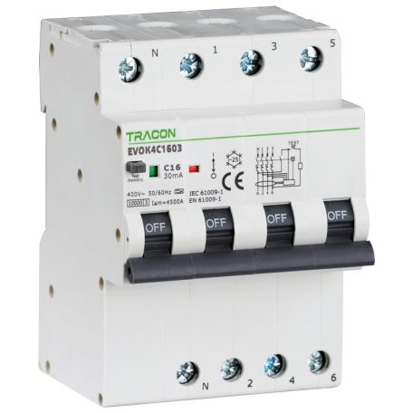 Tracon C10A, 30 mA, 10kA, A EVOK4C1003 Kombinált védőkapcsoló, 4P, 4modul, C karakterisztika 5997374230698