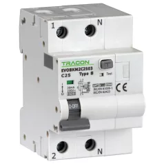   Tracon C32A, 30 mA, 6kA, C EVOBKM2C3203 Kombinált védőkapcsoló, 2P, 3modul, C karakterisztika 5997374230568