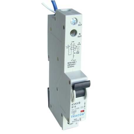 Tracon 20A, 100mA, 10kA, AC, E3 KVKV-20/10 Kombinált védőkapcsoló, 2P, 1 modul, C karakterisztika 5997374162975