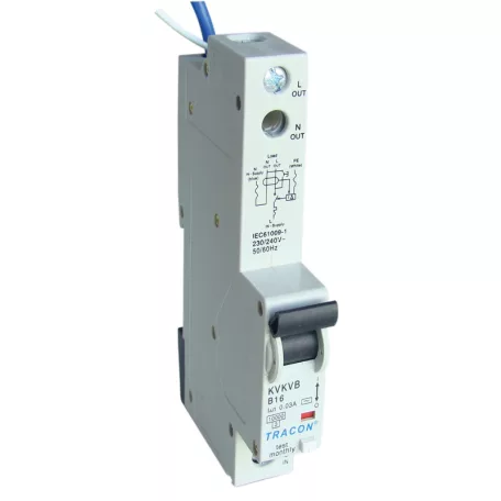 Tracon 16A, 100mA, 10kA, AC, E3 KVKVB-16/10 Kombinált védőkapcsoló, 2P, 1 modul, B karakterisztika 5997374163071