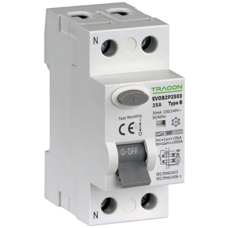 Tracon 16A, 30mA, 10kA, B EVOB2P1603 Áram-védőkapcsoló, 2 pólusú 5997374230339