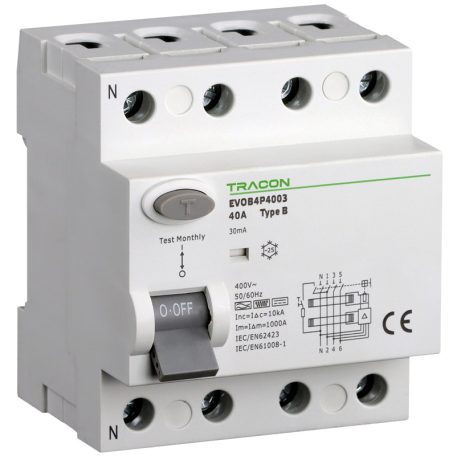 Tracon 16A, 30mA, 10kA, B EVOB4P1603 Áram-védőkapcsoló, 4 pólusú 5997374230384
