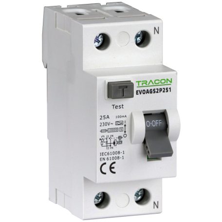 Tracon 25A, 100mA, 10kA, A/S EVOAGS2P251 Áram-védőkapcsoló, 2 pólusú 5997374230056