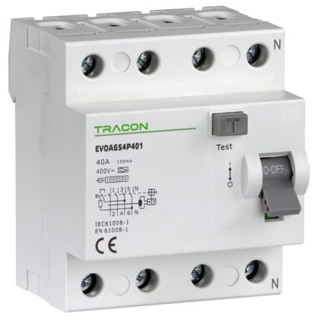 Tracon 25A, 100mA, 10kA, A/S EVOAGS4P251 Áram-védőkapcsoló, 4 pólusú 5997374230155