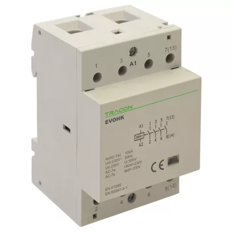 Tracon 230V, 50Hz, 3 Mod, 4×NO, AC1/AC7a, 63A, EVOHK4-63 Installációs kontaktor 5997374210713