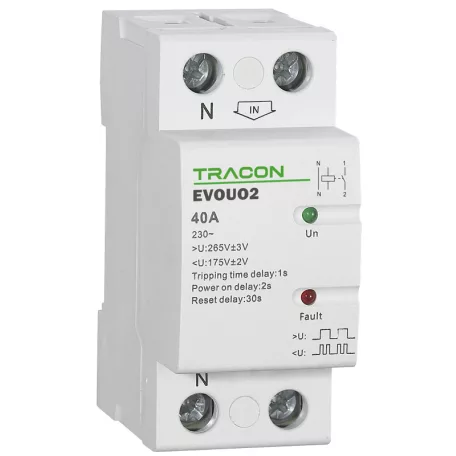 Tracon AC230V,2P,40AU>:265V,U<:175V, Uon:2s, Trip:1s, Res:30s EVOUO2 Aut. visszakapcsoló fesz. növekedési/csökkenési relé 5997374211758