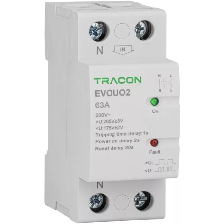 Tracon AC230V,2P,63AU>:265V,U<:175V, Uon:2s, Trip:1s, Res:30s EVOUO2P63 Aut. visszakapcsoló fesz. növekedési/csökkenési relé 5997374219747