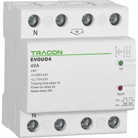 Tracon AC230V,4P,40AU>:265V,U<:175V, Uon:2s, Trip:1s, Res:30s EVOUO4 Aut. visszakapcsoló fesz. növekedési/csökkenési relé 5997374211765