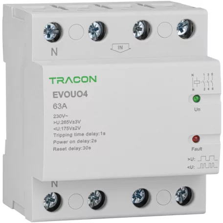 Tracon AC230V,4P,63AU>:265V,U<:175V, Uon:2s, Trip:1s, Res:30s EVOUO4P63 Aut. visszakapcsoló fesz. növekedési/csökkenési relé 5997374219754