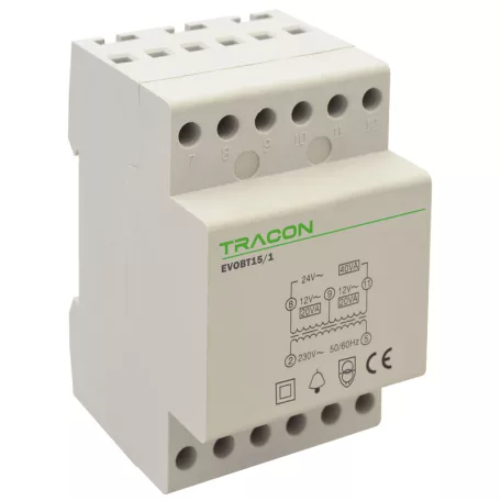 Tracon 230V/12-24V AC, Psmax.:15VA, Is:0,62A EVOBT24/1 Biztonsági (csengő) transzformátor 5997374210935