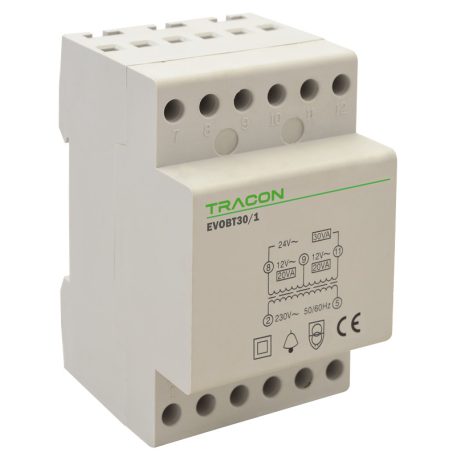 Tracon 230V/12-12-24V AC, Psmax.:30VA, Is:1,25A EVOBT30/1 Biztonsági (csengő) transzformátor 5997374210942