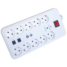   Tracon 10×SCHUKO, 3m, max.16A, 250VAC, 3680W, H05VV-F HNKTM10-3M-KT Négyzetes10-es elosztó kapcsolóval+túlfesz+ túláram+koax+tel 5997374176316